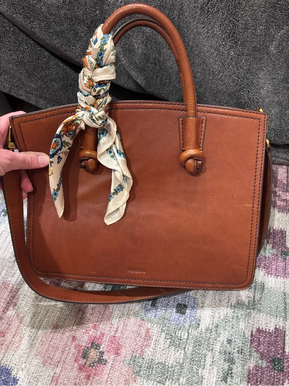 Fossil Leather Satchel Tote in Rich Chestnut Brown with Floral Scarf Accent